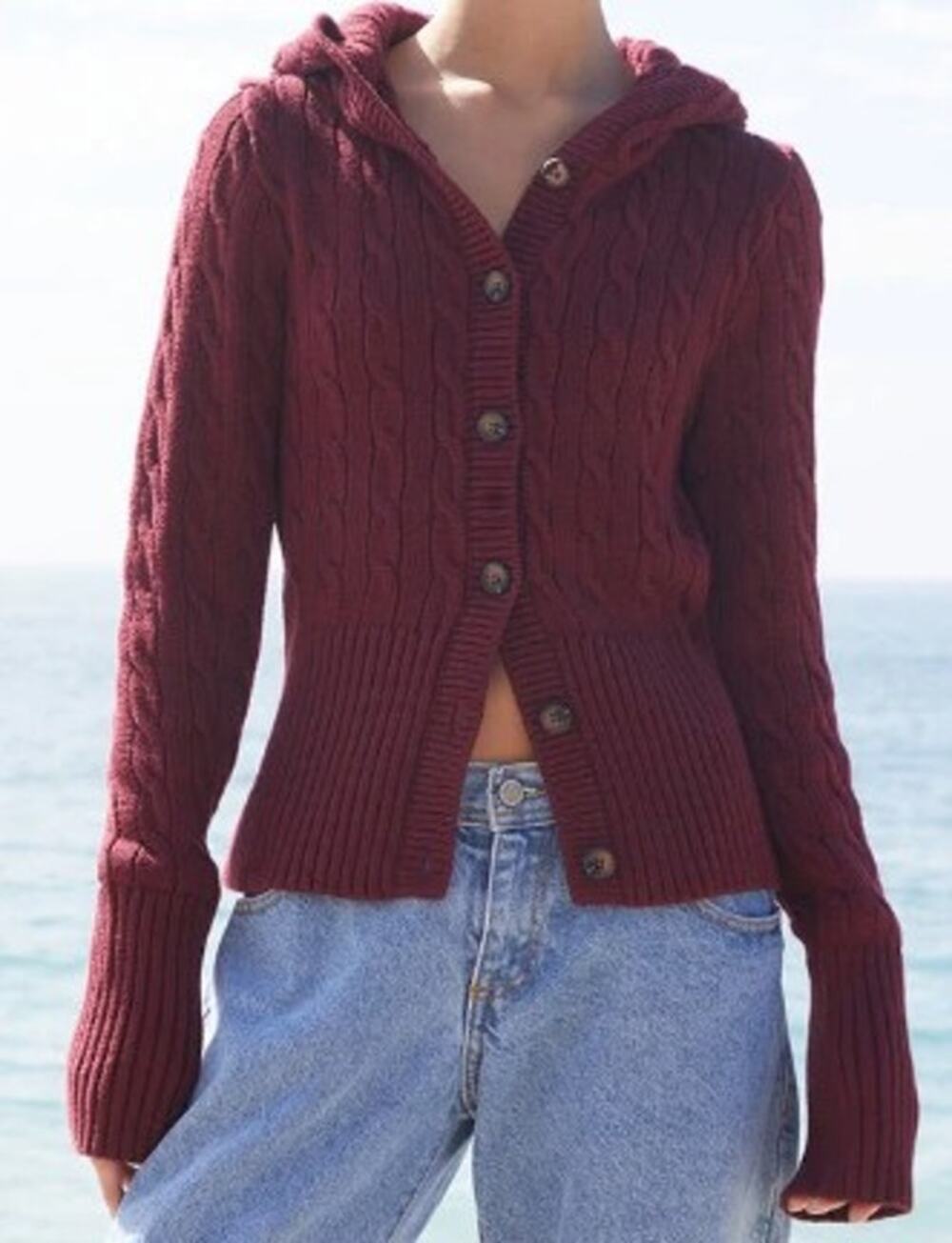 John Galt Brandy Melville Cable Knit Hooded Cardigan Burgundy One Size NWT